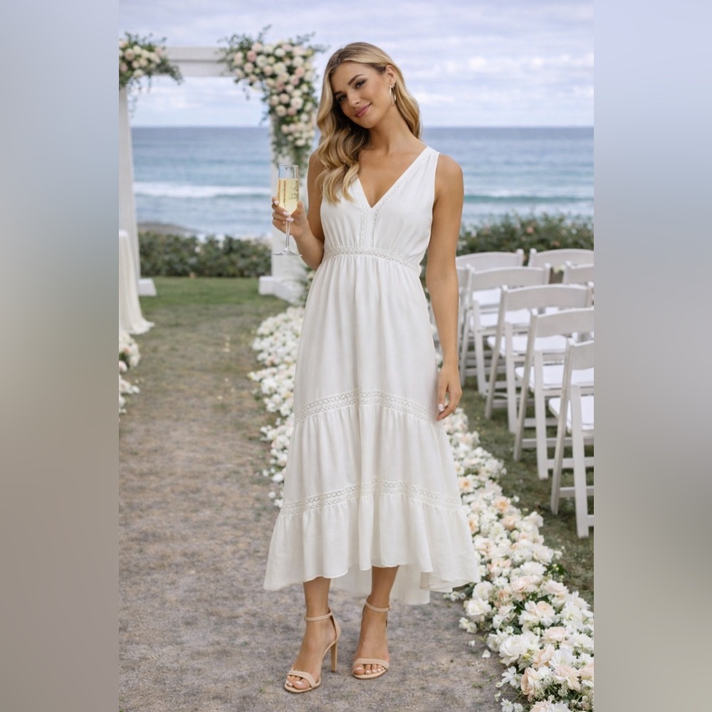 Kobi Halperin Ivory V-Neck Tiered Midi Dress